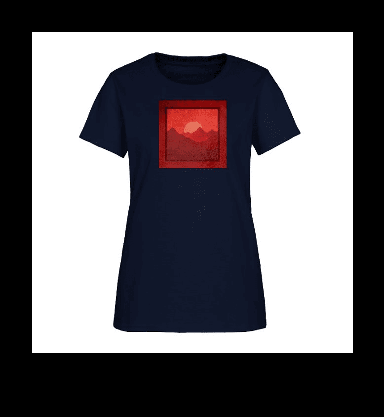 a women's t - shirt with a red mountain in the background