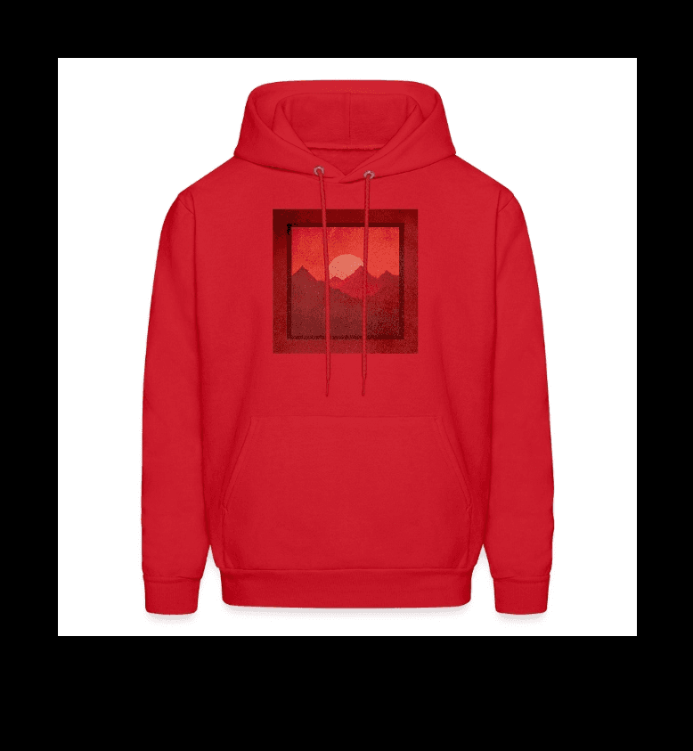 a red hoodie with an image of mountains