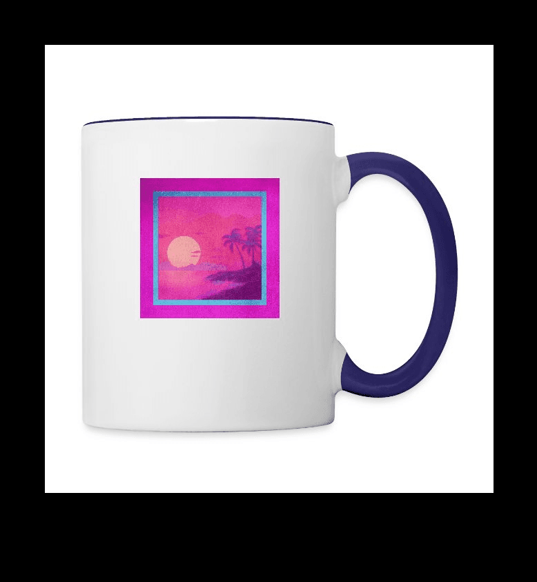 a pink and purple coffee mug with a sunset in the background