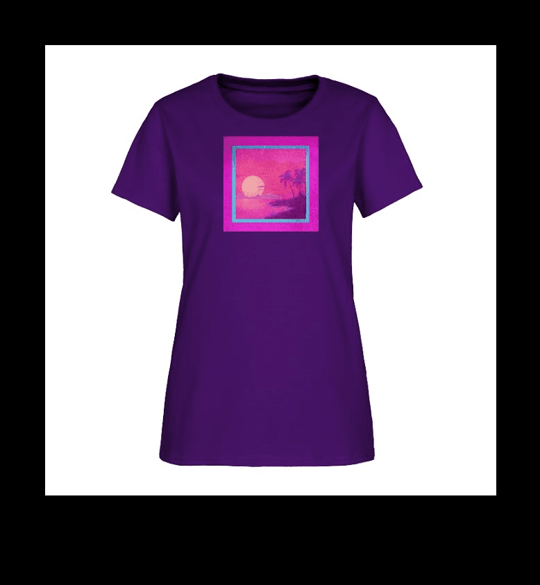 a women's purple t - shirt with an image of a sunset