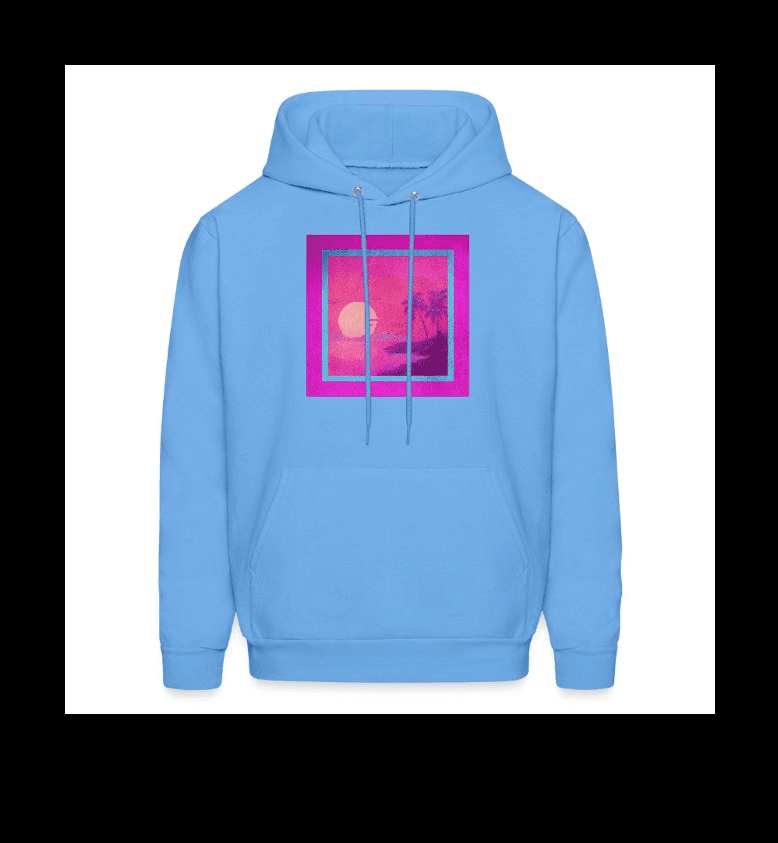 a light blue hoodie with a pink and purple image