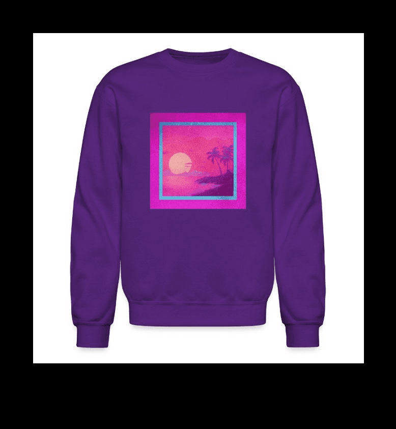 a purple sweatshirt with an image of a sunset