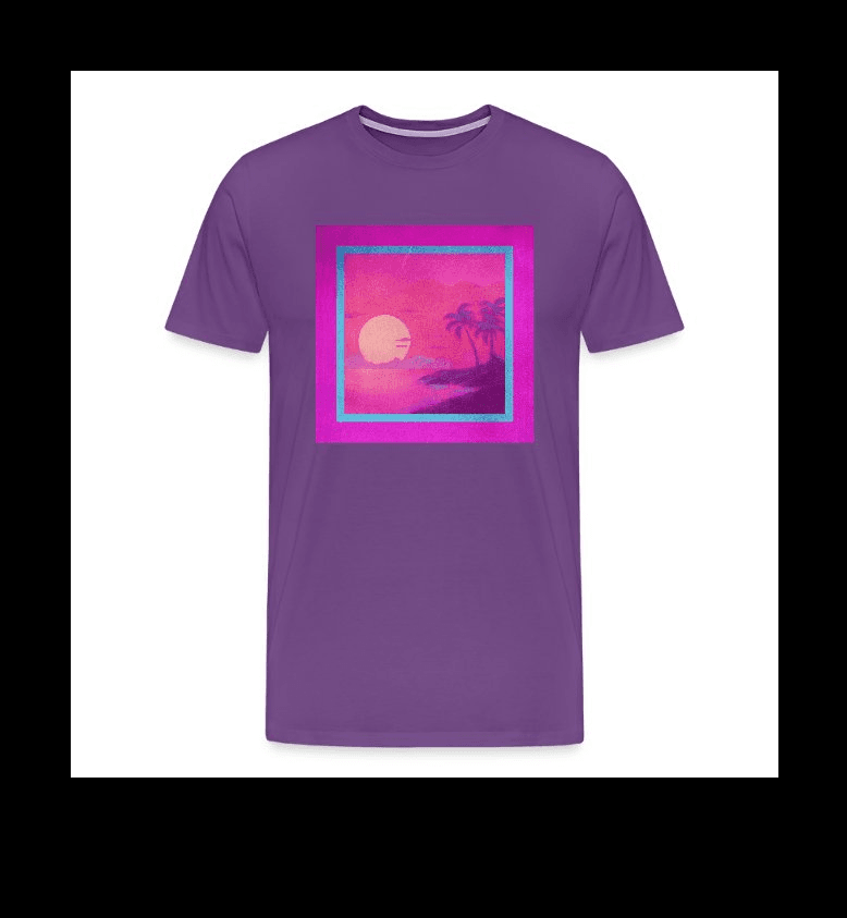a purple t - shirt with an image of a sunset and palm trees