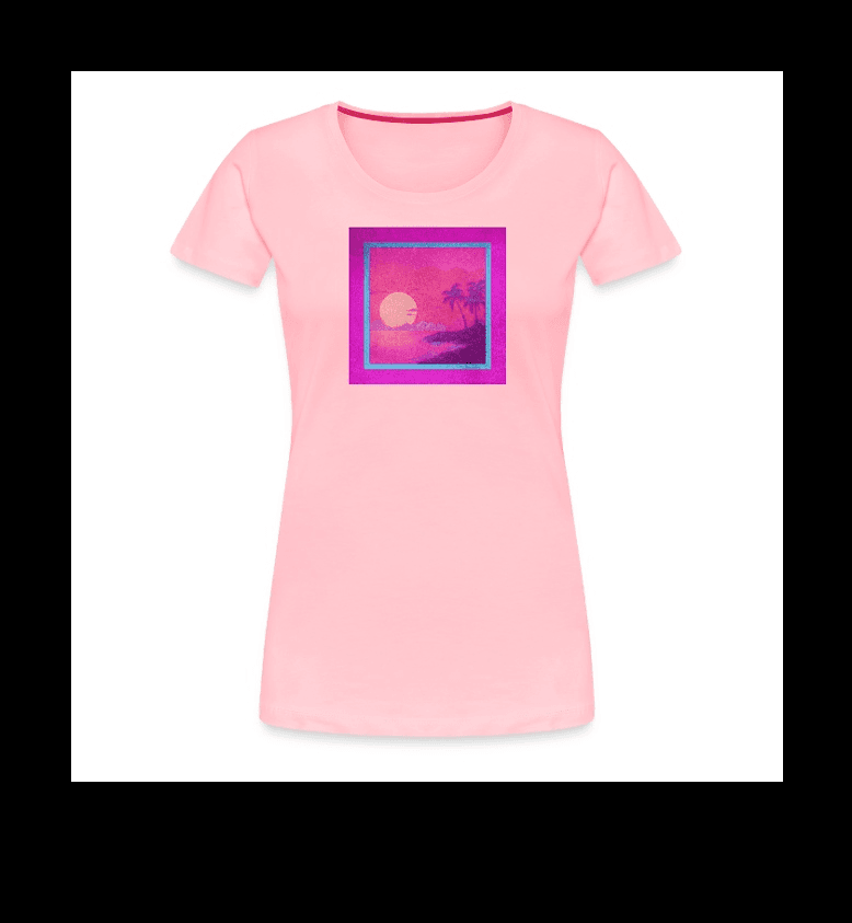 a women's pink t - shirt with an image of a sunset